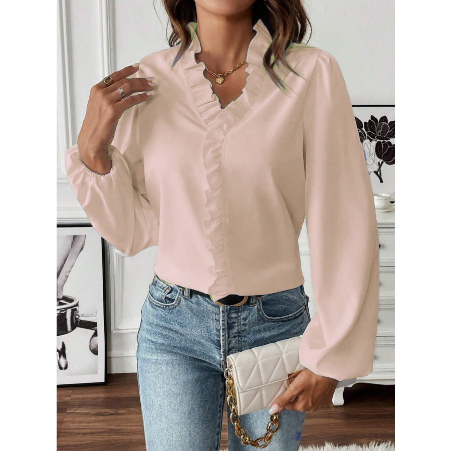 Ruffled V - Neck Long Sleeve Blouse Apparel and Accessories