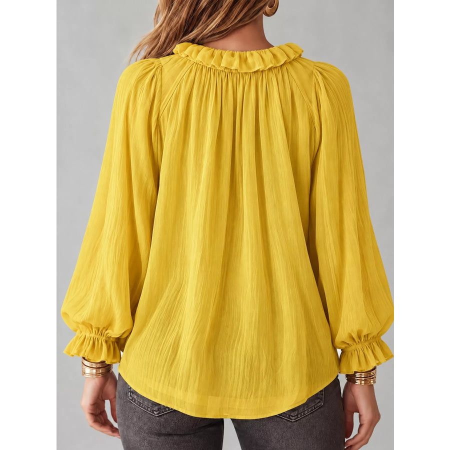 Ruffled V-Neck Long Sleeve Blouse Apparel and Accessories