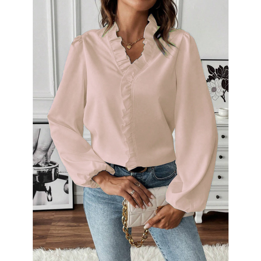 Ruffled V - Neck Long Sleeve Blouse Apparel and Accessories