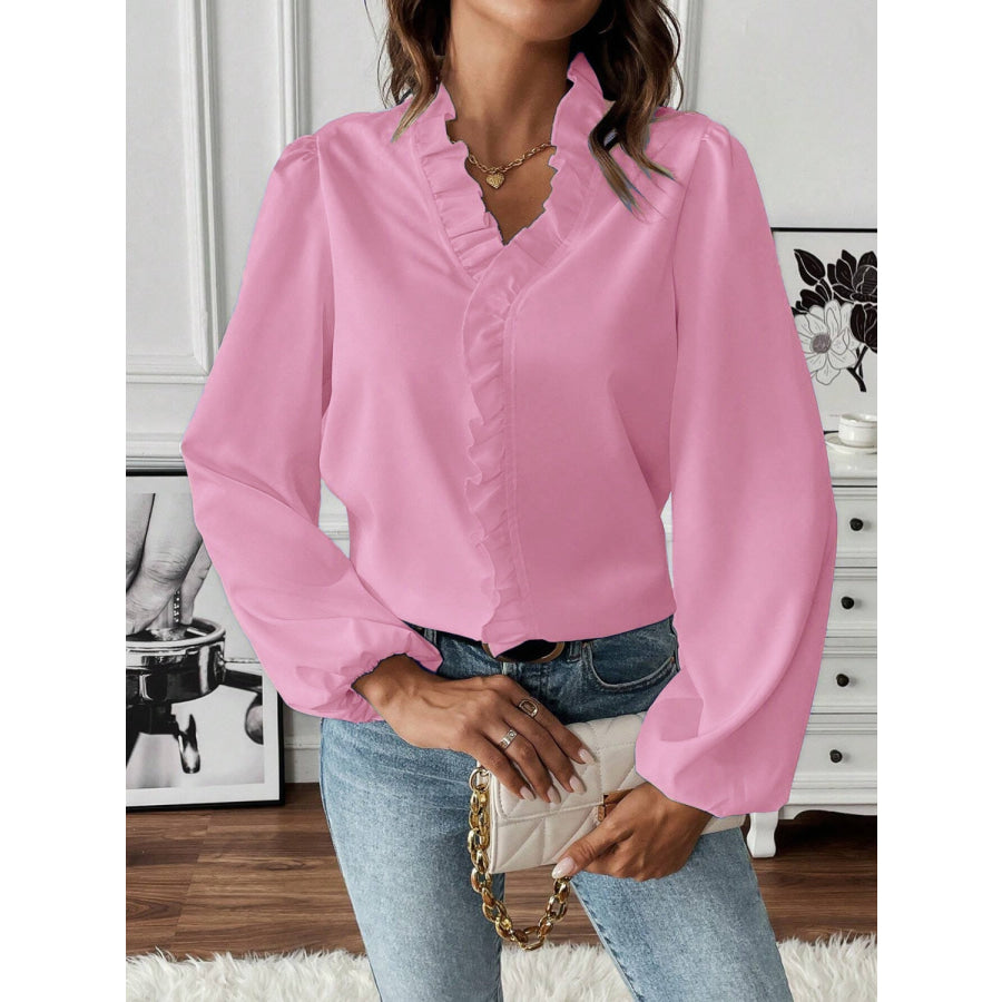 Ruffled V - Neck Long Sleeve Blouse Apparel and Accessories