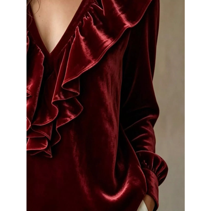 Ruffled V-Neck Long Sleeve Blouse Apparel and Accessories