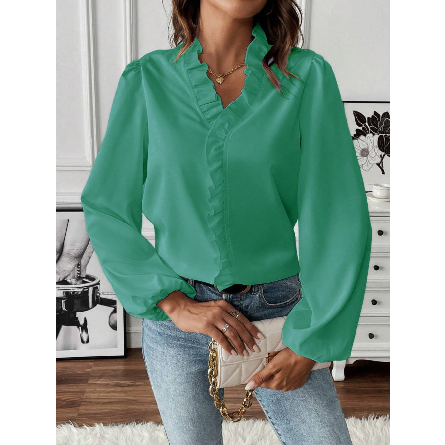 Ruffled V - Neck Long Sleeve Blouse Apparel and Accessories