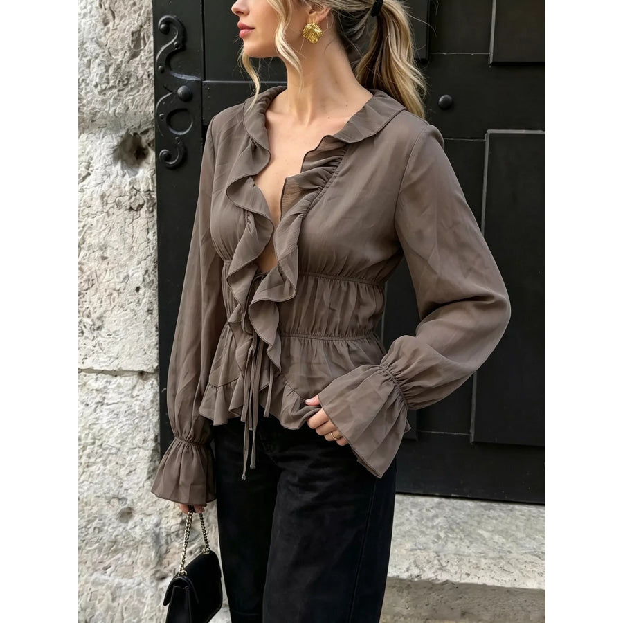 Ruffled V-Neck Long Sleeve Blouse Apparel and Accessories