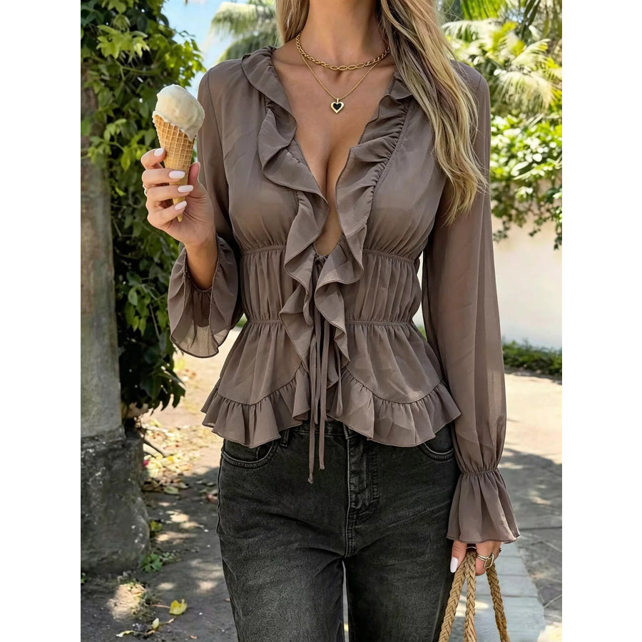 Ruffled V-Neck Long Sleeve Blouse Apparel and Accessories