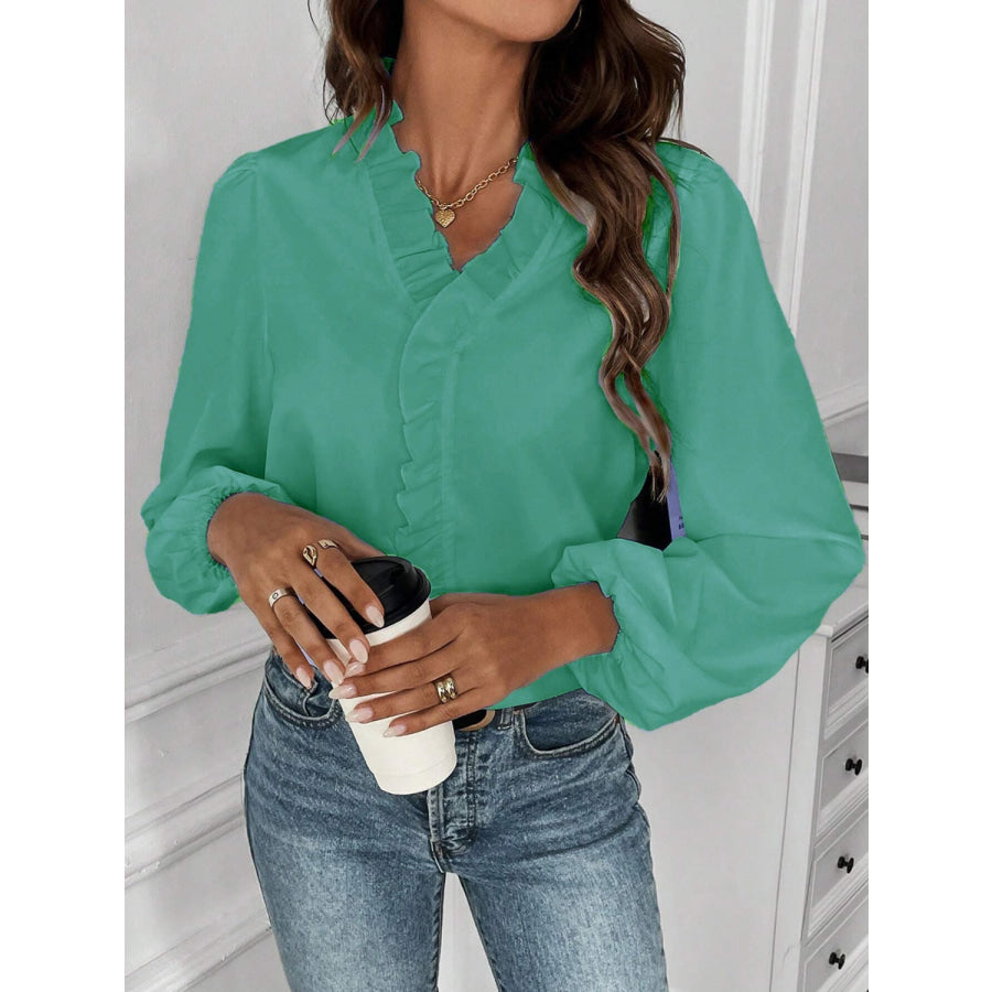 Ruffled V - Neck Long Sleeve Blouse Apparel and Accessories