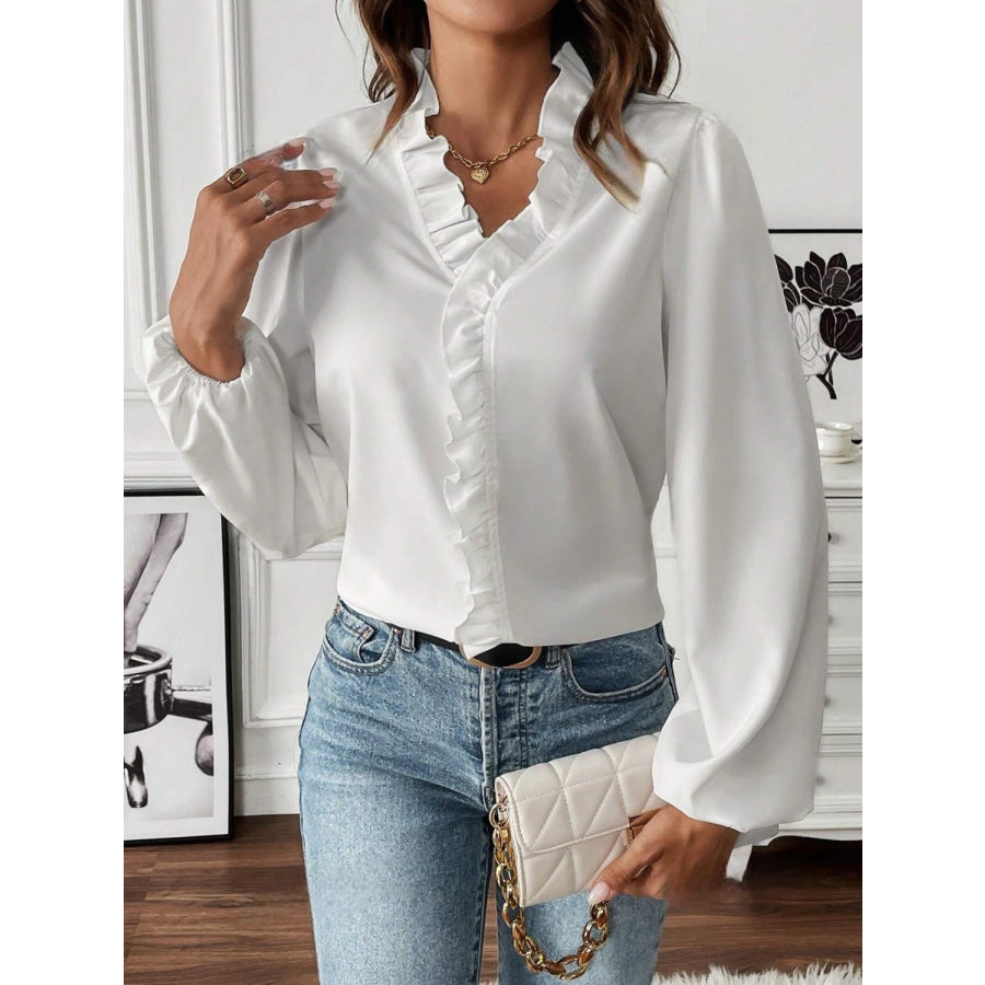 Ruffled V - Neck Long Sleeve Blouse Apparel and Accessories