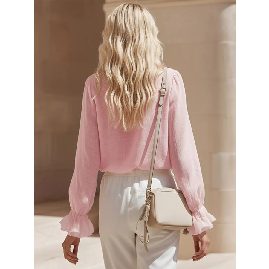 Ruffled V-Neck Long Sleeve Blouse Apparel and Accessories