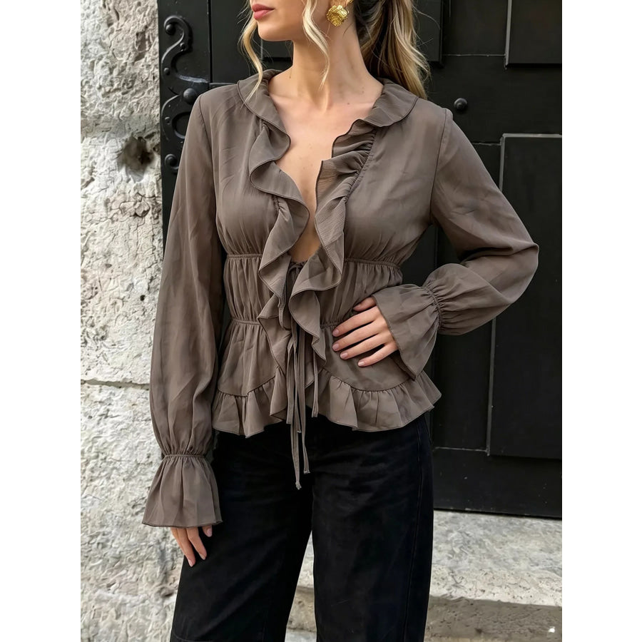 Ruffled V-Neck Long Sleeve Blouse Apparel and Accessories