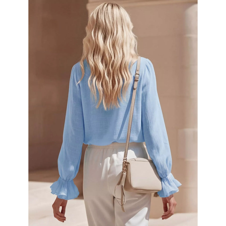 Ruffled V-Neck Long Sleeve Blouse Apparel and Accessories