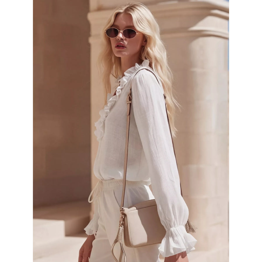 Ruffled V-Neck Long Sleeve Blouse Apparel and Accessories