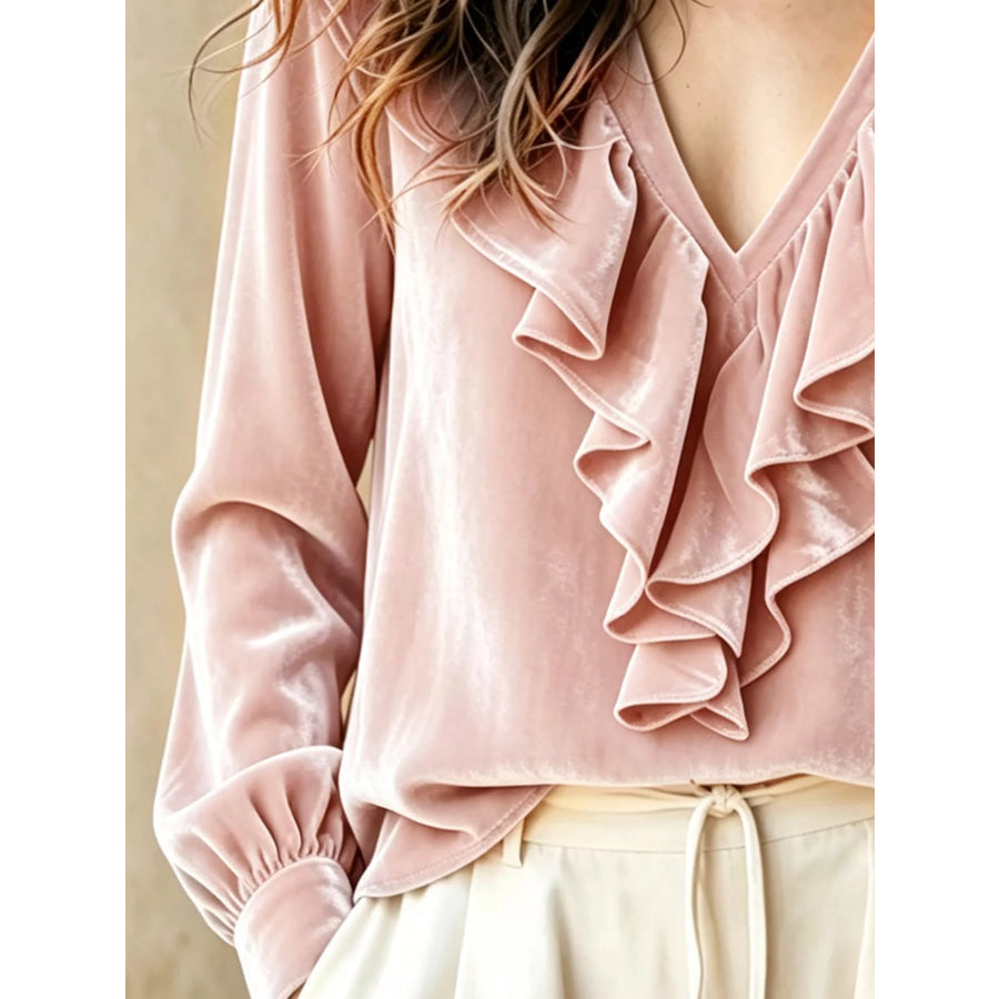 Ruffled V-Neck Long Sleeve Blouse Apparel and Accessories