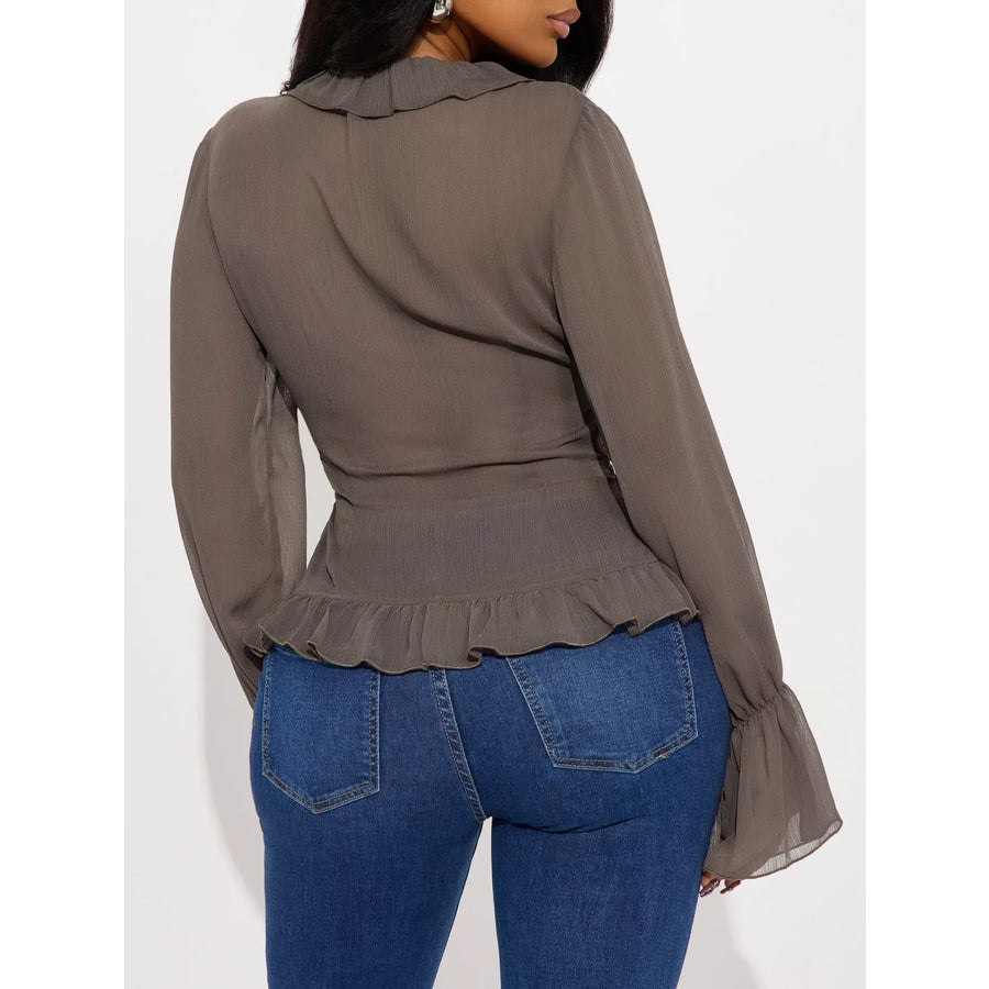 Ruffled V-Neck Long Sleeve Blouse Apparel and Accessories