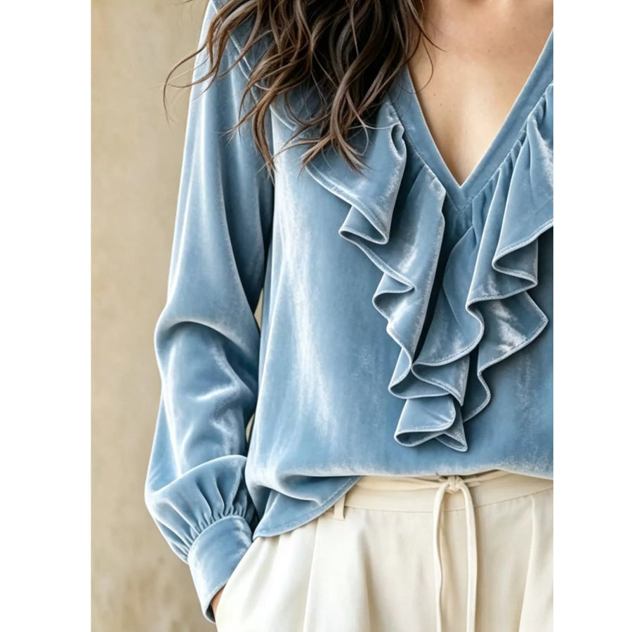 Ruffled V-Neck Long Sleeve Blouse Apparel and Accessories