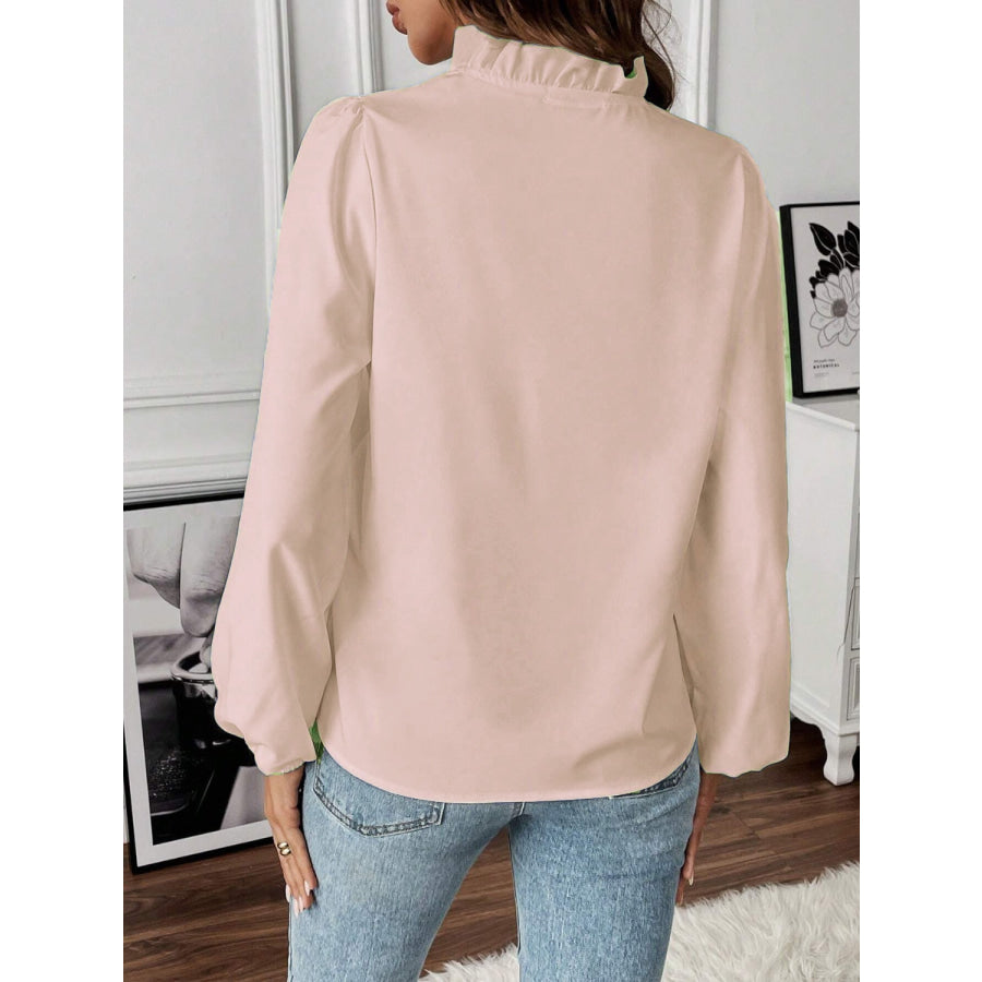 Ruffled V - Neck Long Sleeve Blouse Apparel and Accessories