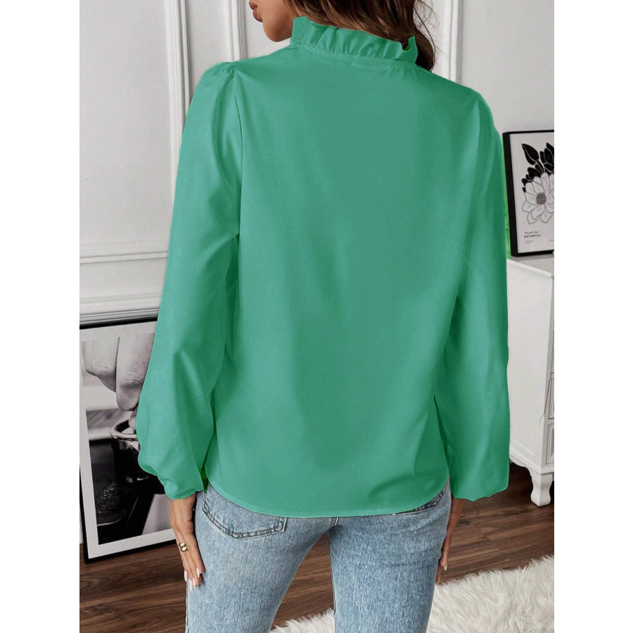 Ruffled V - Neck Long Sleeve Blouse Apparel and Accessories