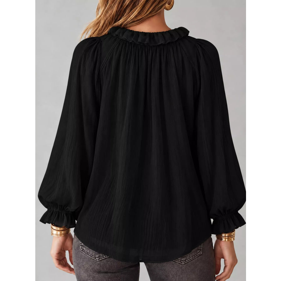 Ruffled V-Neck Long Sleeve Blouse Apparel and Accessories