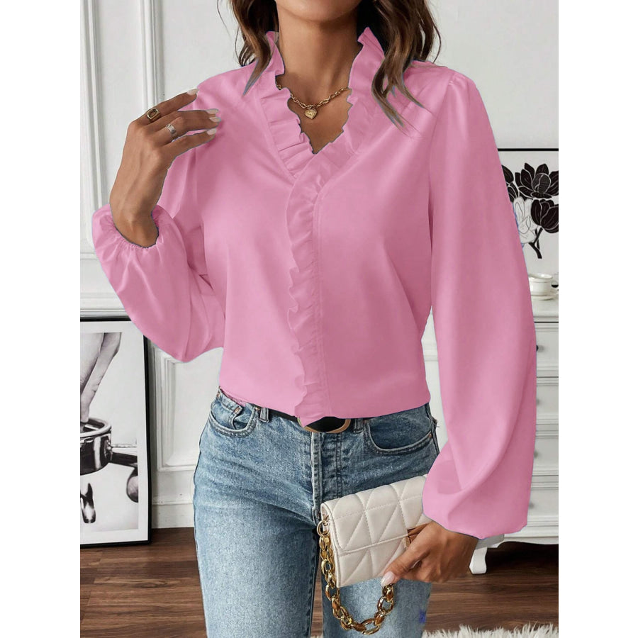 Ruffled V - Neck Long Sleeve Blouse Apparel and Accessories