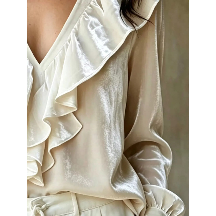 Ruffled V-Neck Long Sleeve Blouse Apparel and Accessories
