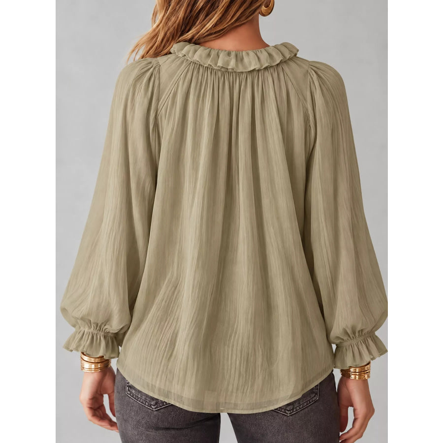 Ruffled V-Neck Long Sleeve Blouse Apparel and Accessories