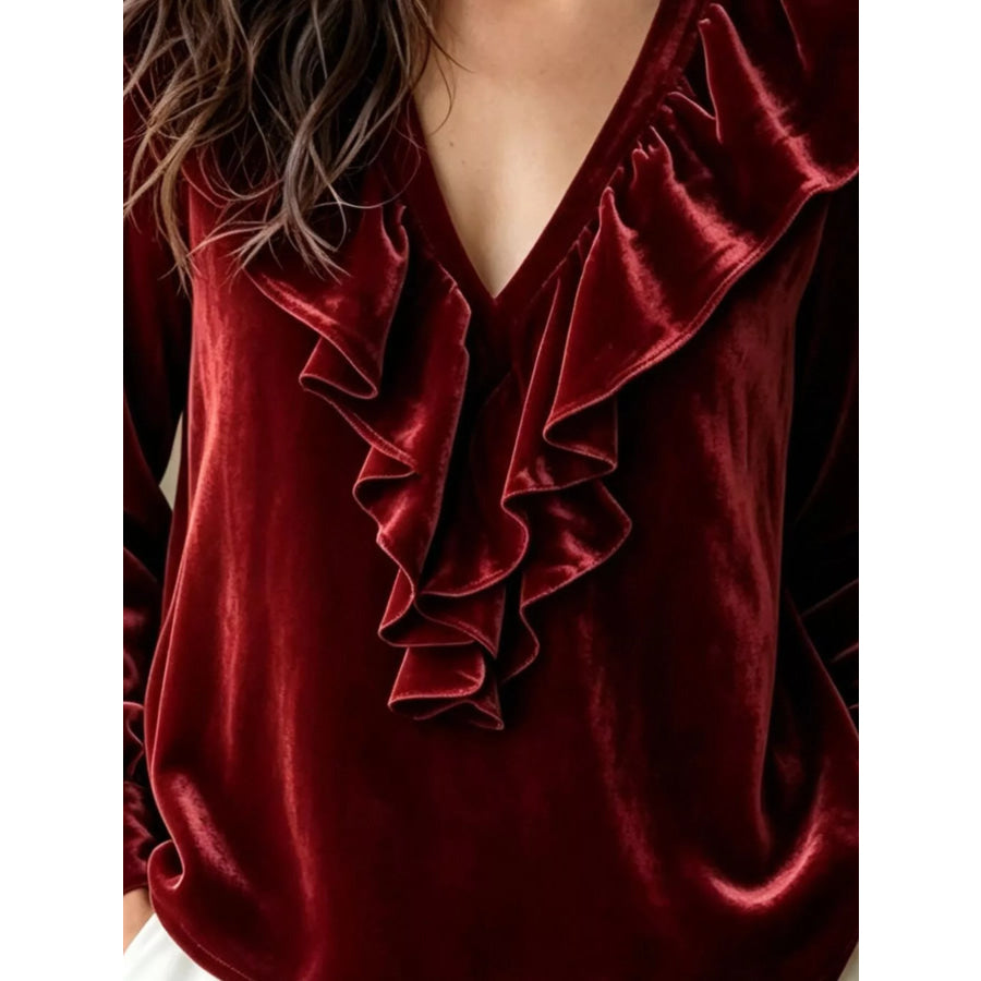 Ruffled V-Neck Long Sleeve Blouse Apparel and Accessories