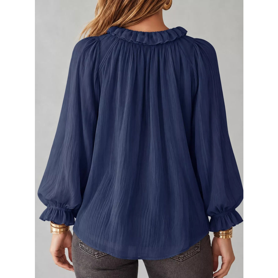 Ruffled V-Neck Long Sleeve Blouse Apparel and Accessories