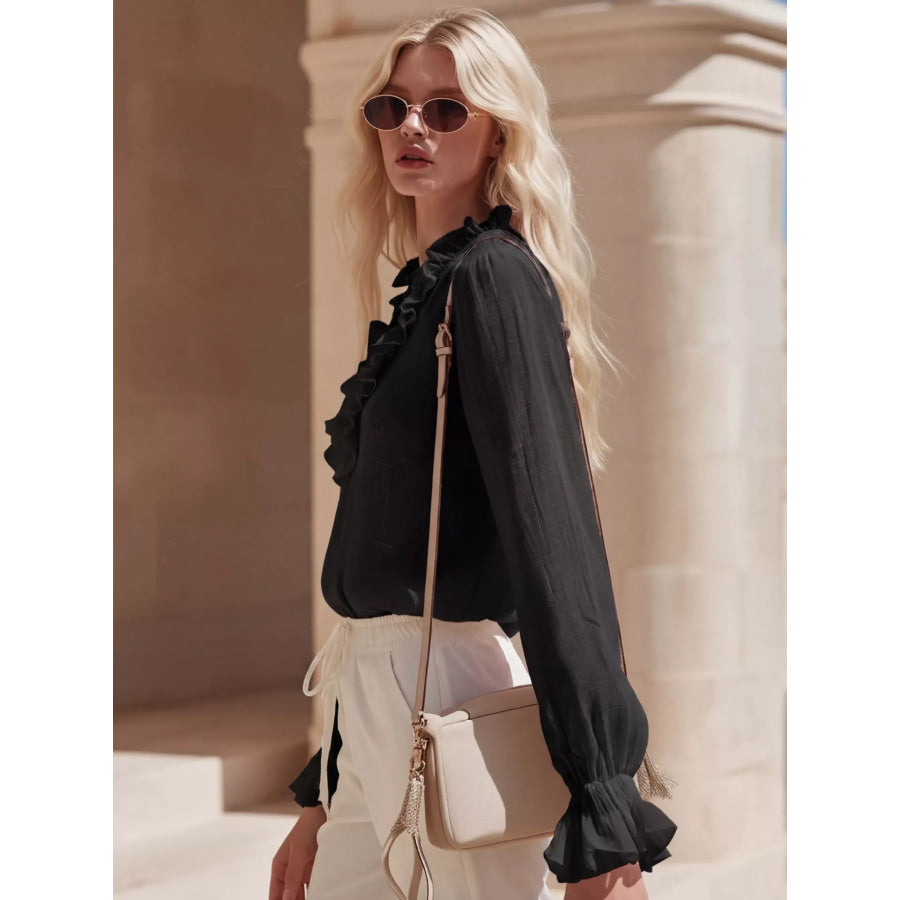 Ruffled V-Neck Long Sleeve Blouse Apparel and Accessories