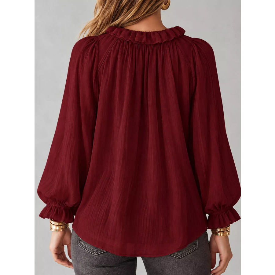 Ruffled V-Neck Long Sleeve Blouse Apparel and Accessories