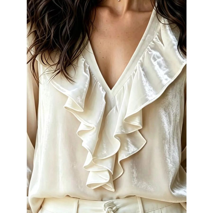 Ruffled V-Neck Long Sleeve Blouse Apparel and Accessories