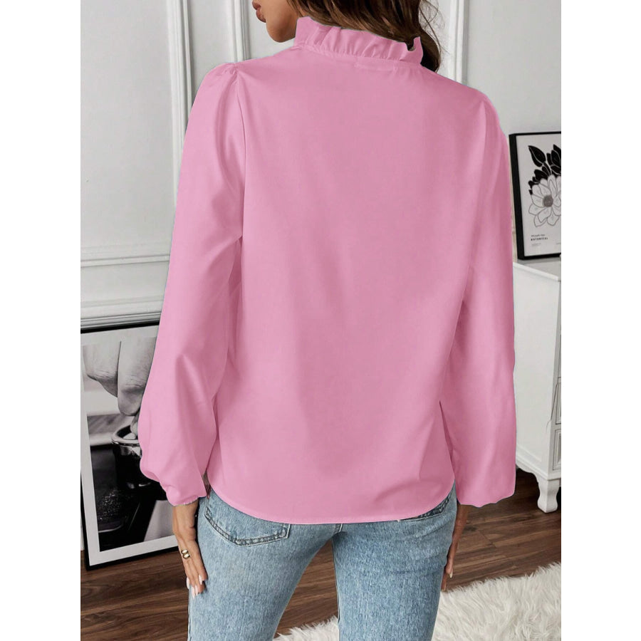 Ruffled V - Neck Long Sleeve Blouse Apparel and Accessories