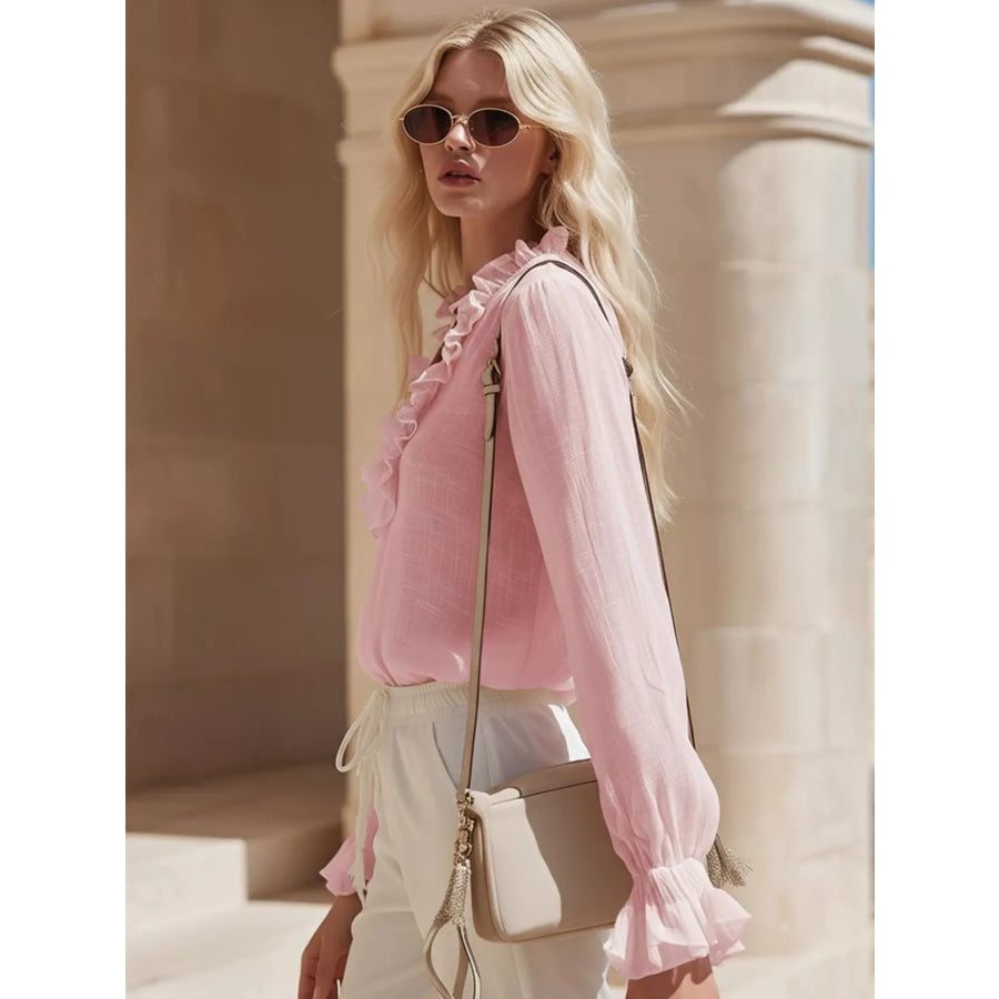 Ruffled V-Neck Long Sleeve Blouse Apparel and Accessories