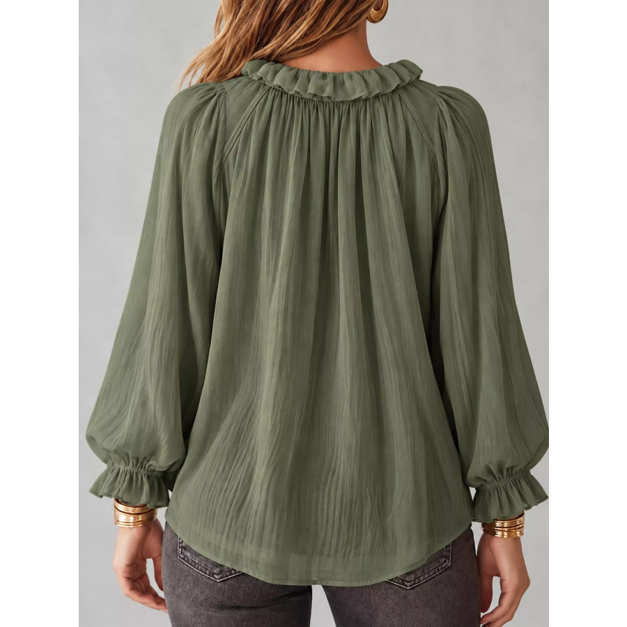Ruffled V-Neck Long Sleeve Blouse Apparel and Accessories
