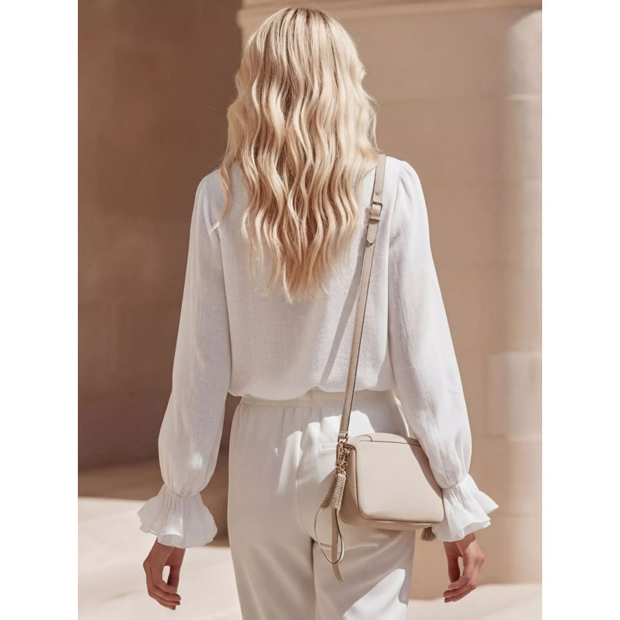 Ruffled V-Neck Long Sleeve Blouse Apparel and Accessories