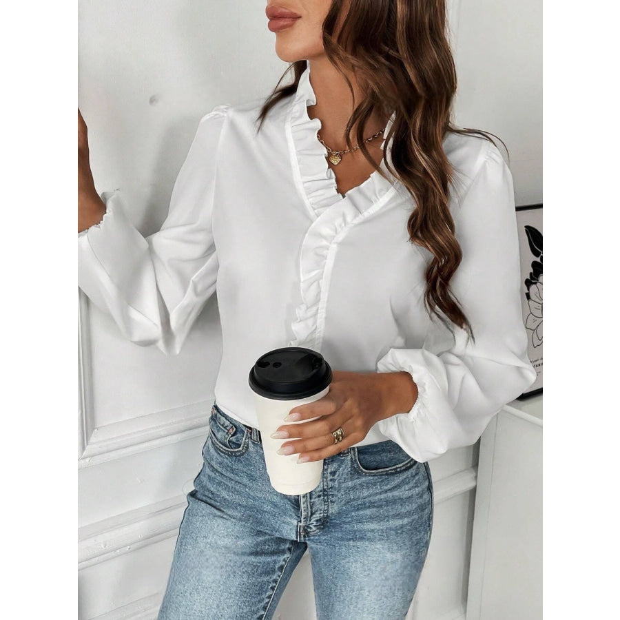 Ruffled V - Neck Long Sleeve Blouse Apparel and Accessories