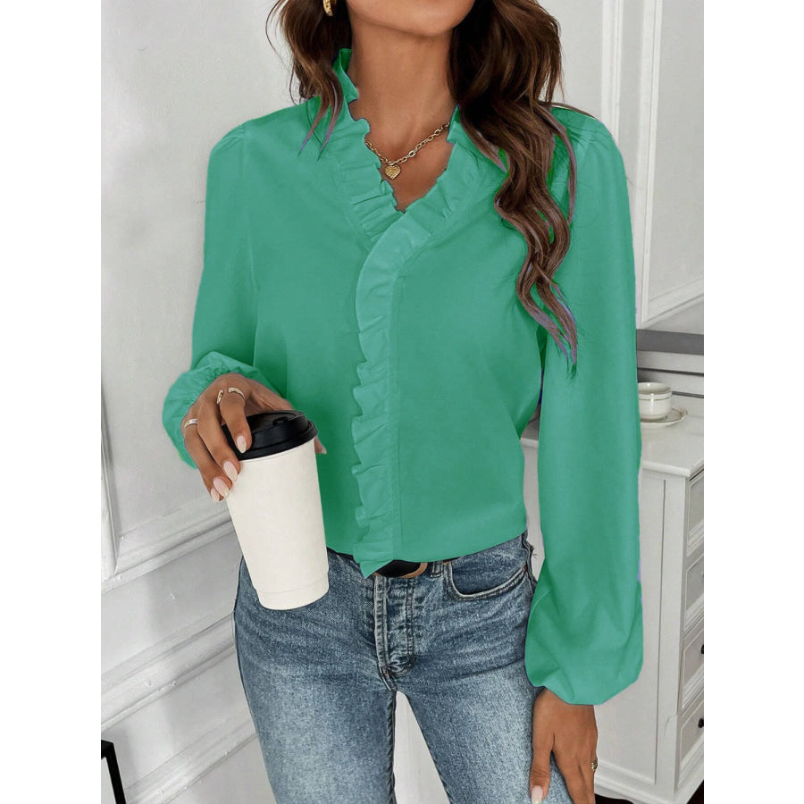 Ruffled V - Neck Long Sleeve Blouse Apparel and Accessories