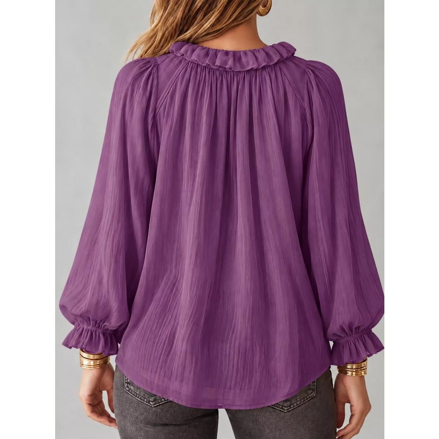 Ruffled V-Neck Long Sleeve Blouse Apparel and Accessories