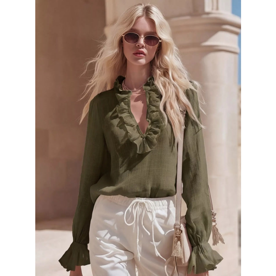 Ruffled V-Neck Long Sleeve Blouse Army Green / S Apparel and Accessories