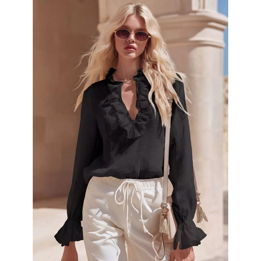 Ruffled V-Neck Long Sleeve Blouse Black / S Apparel and Accessories