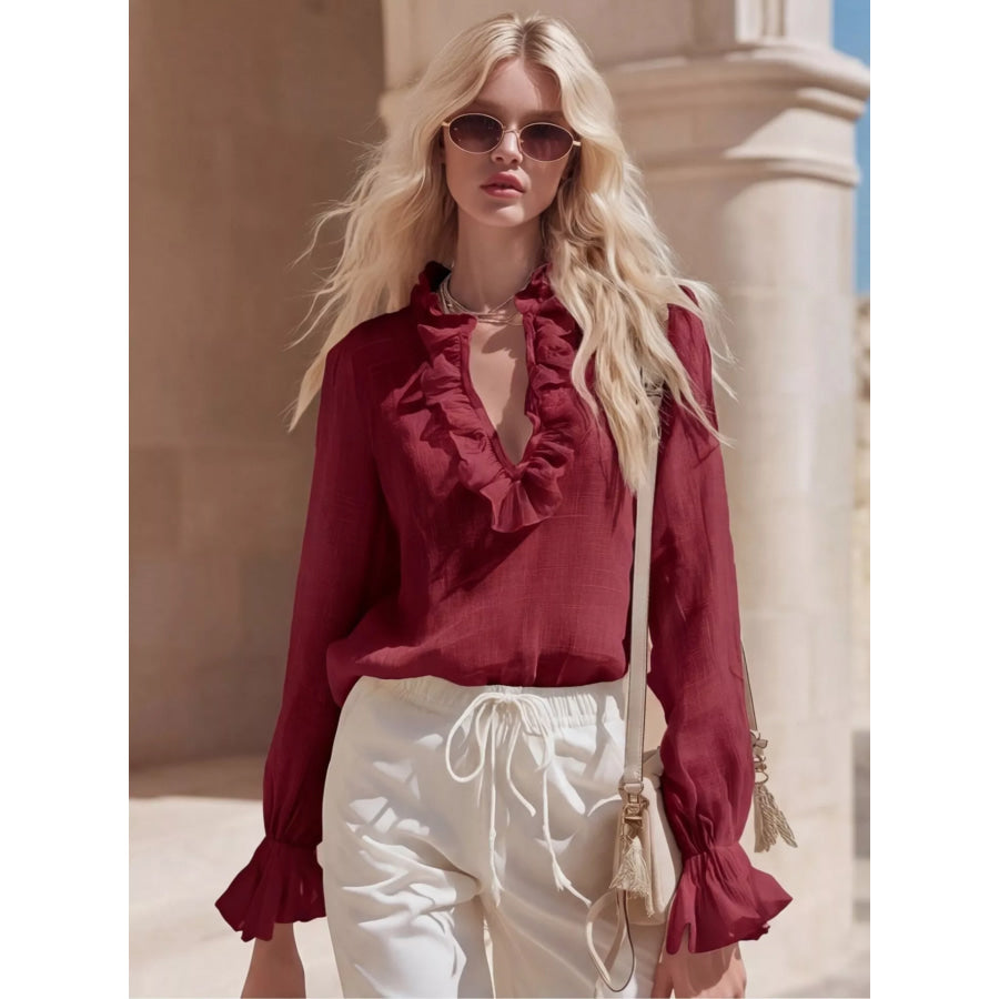 Ruffled V-Neck Long Sleeve Blouse Burgundy / S Apparel and Accessories