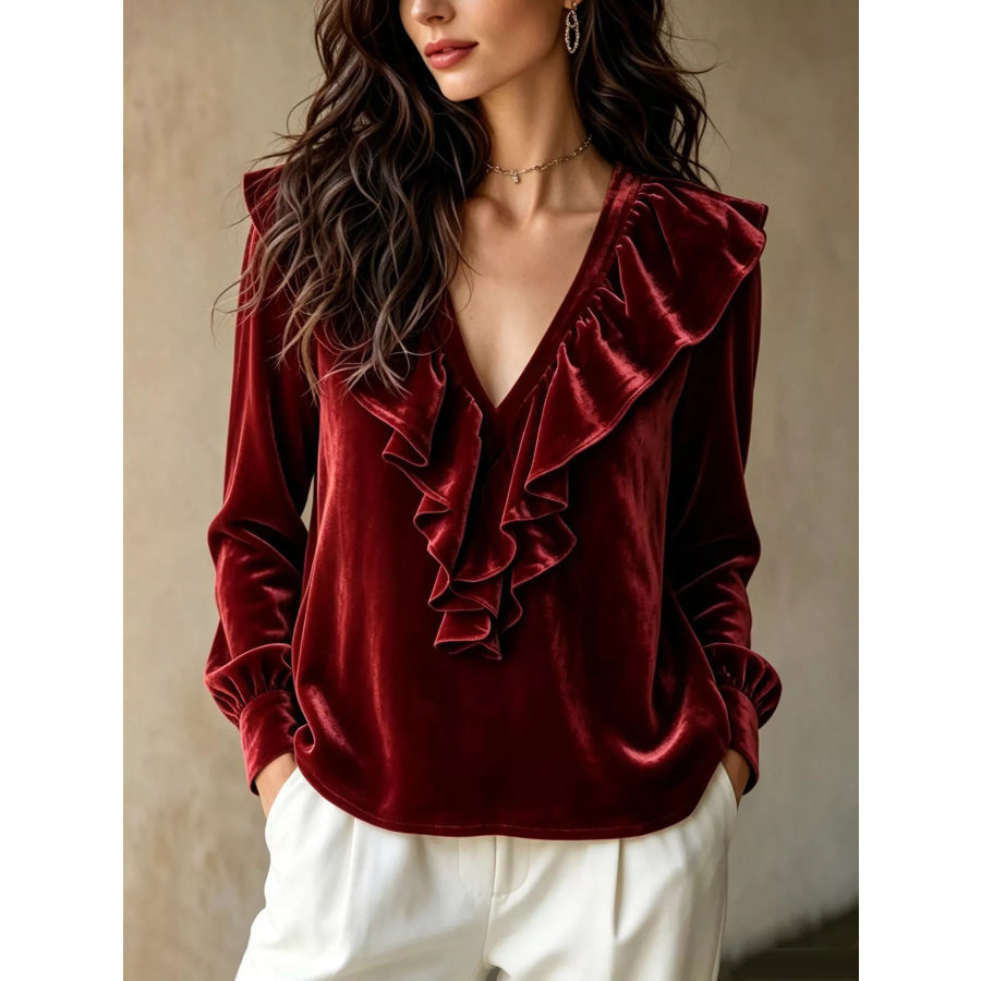 Ruffled V-Neck Long Sleeve Blouse Burgundy / S Apparel and Accessories