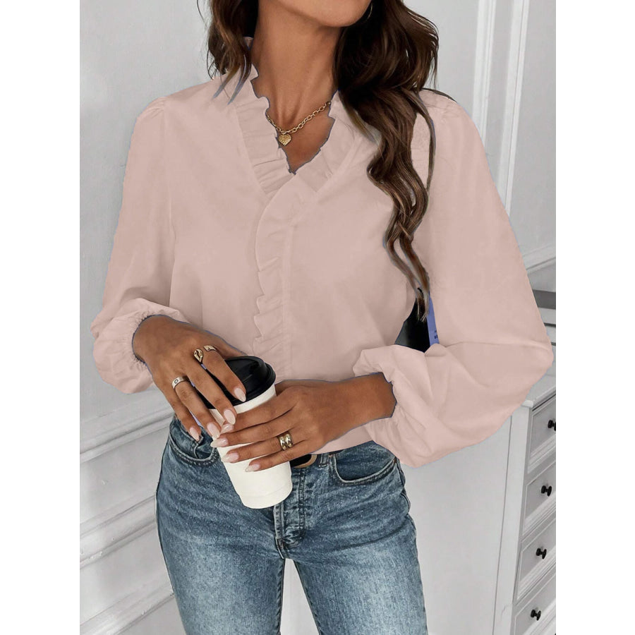 Ruffled V - Neck Long Sleeve Blouse Light Apricot / S Apparel and Accessories