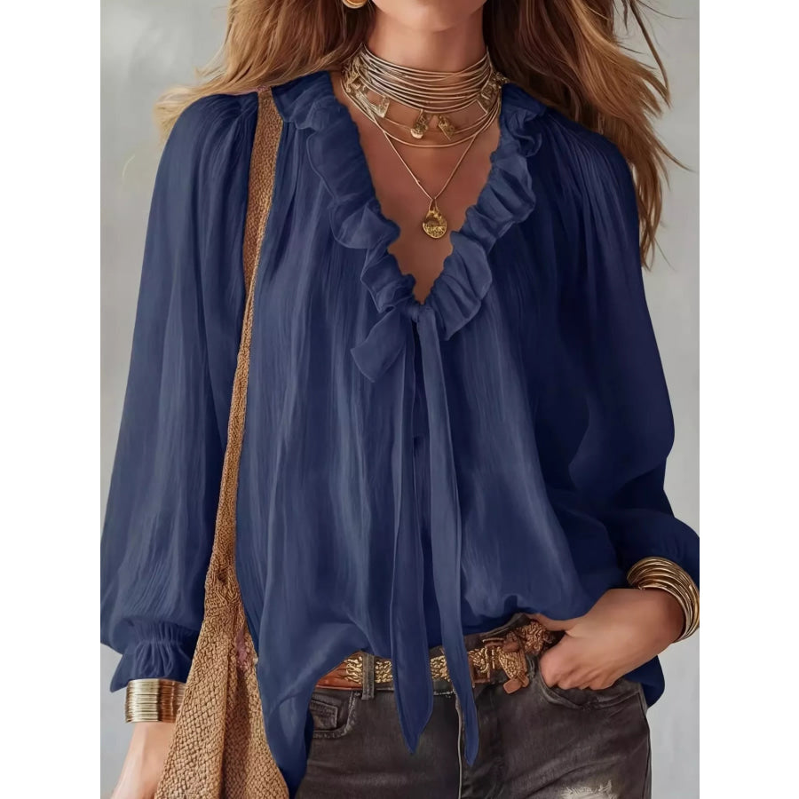 Ruffled V-Neck Long Sleeve Blouse Navy Blue / S Apparel and Accessories