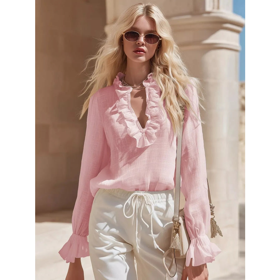 Ruffled V-Neck Long Sleeve Blouse Pink / S Apparel and Accessories