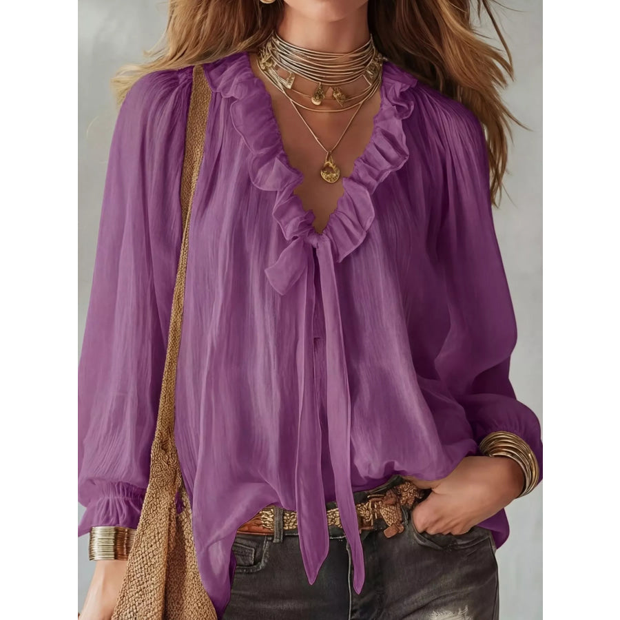 Ruffled V-Neck Long Sleeve Blouse Purple / S Apparel and Accessories