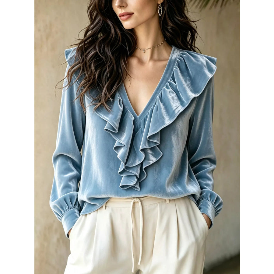 Ruffled V-Neck Long Sleeve Blouse Sky Blue / S Apparel and Accessories