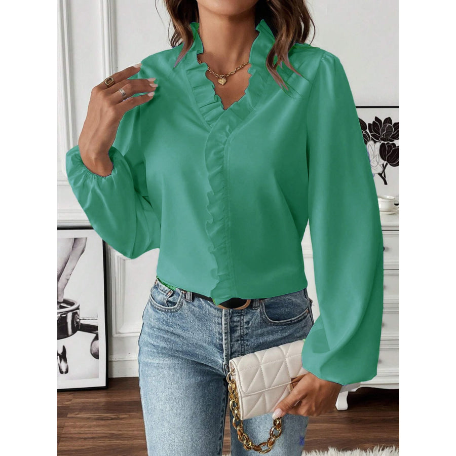 Ruffled V - Neck Long Sleeve Blouse Teal / S Apparel and Accessories