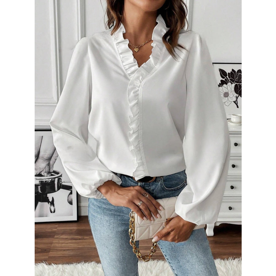 Ruffled V - Neck Long Sleeve Blouse White / S Apparel and Accessories