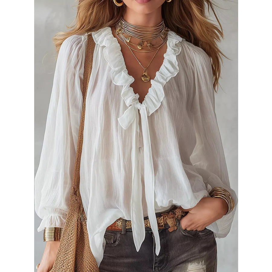 Ruffled V-Neck Long Sleeve Blouse White / S Apparel and Accessories