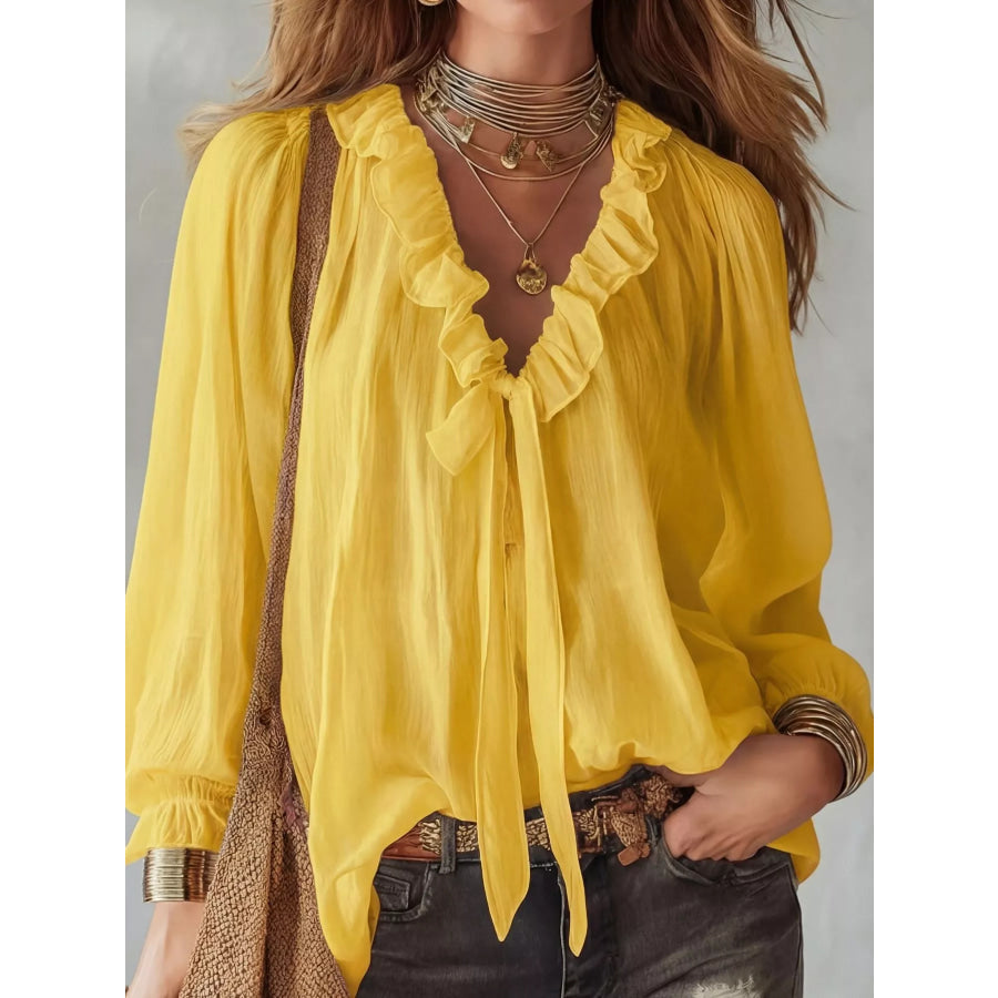 Ruffled V-Neck Long Sleeve Blouse Yellow / S Apparel and Accessories