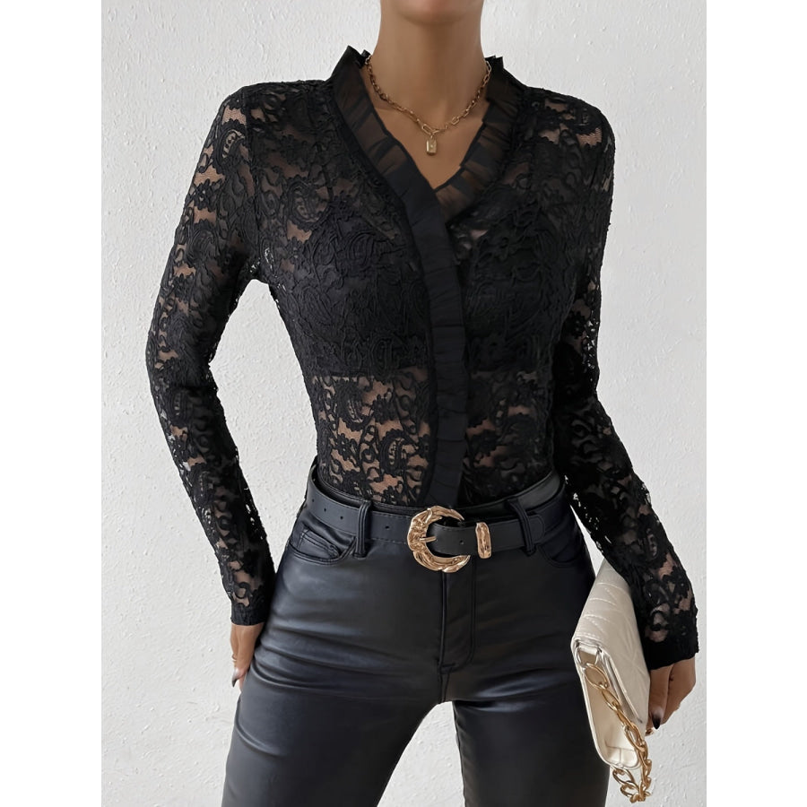 Ruffled V-Neck Long Sleeve Lace Top Apparel and Accessories