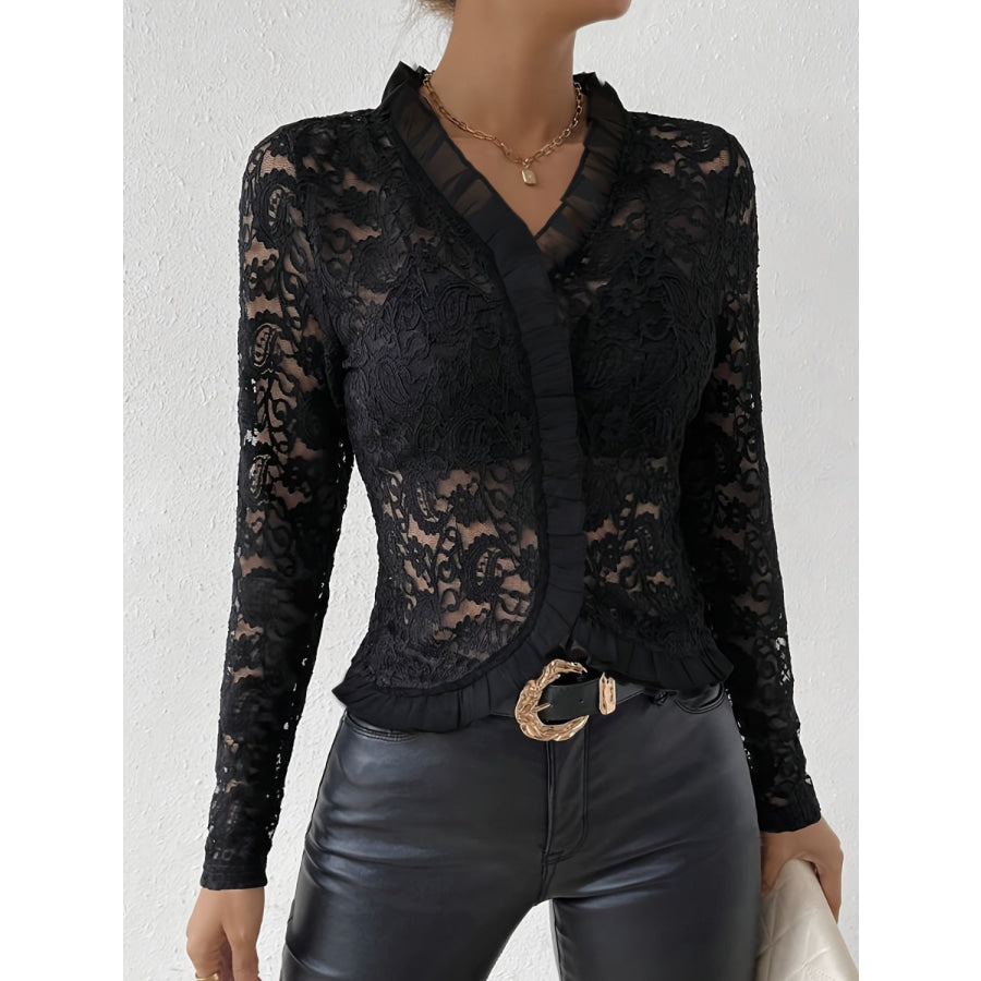 Ruffled V-Neck Long Sleeve Lace Top Black / S Apparel and Accessories